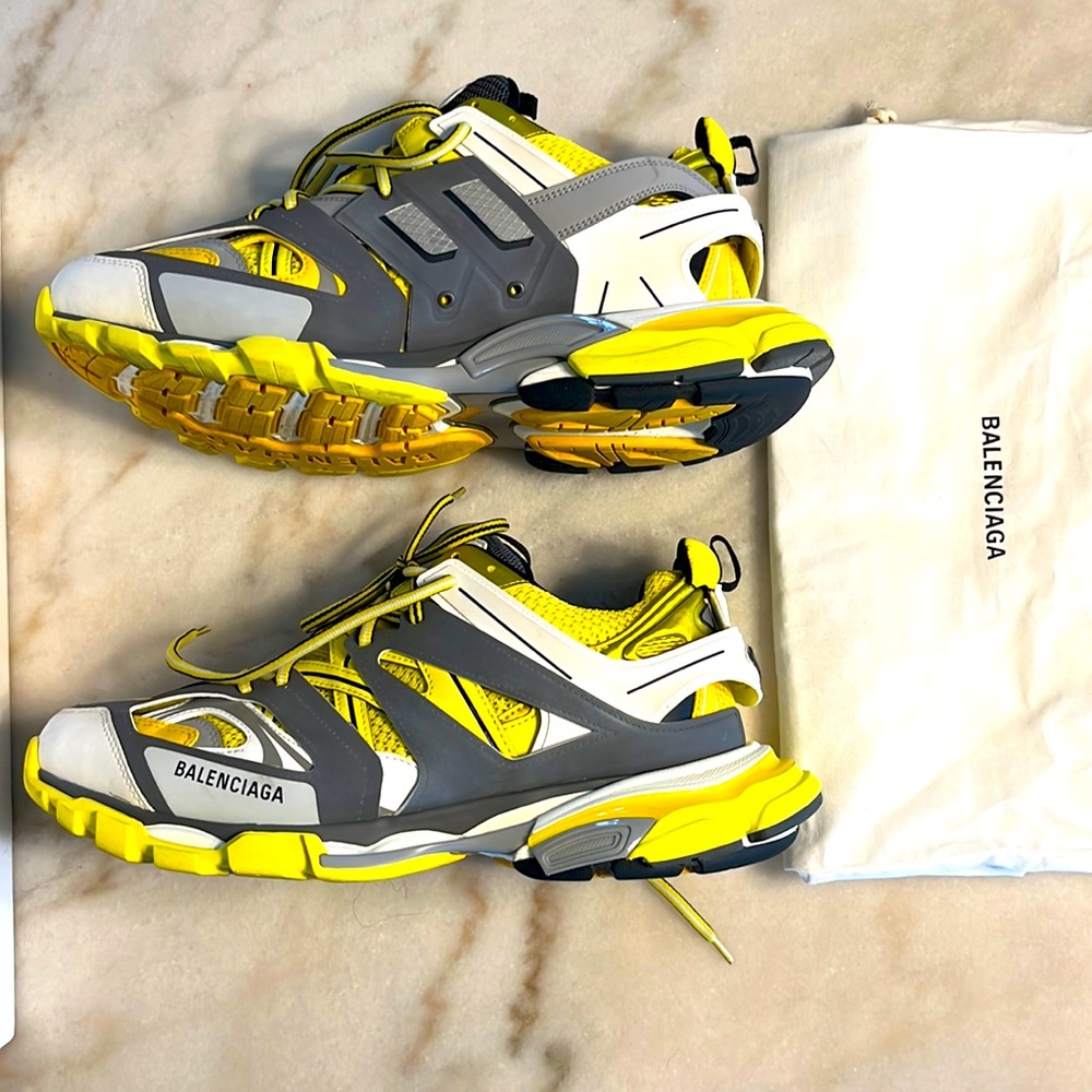 Yellow, Grey, and White Balenciaga Sneakers.